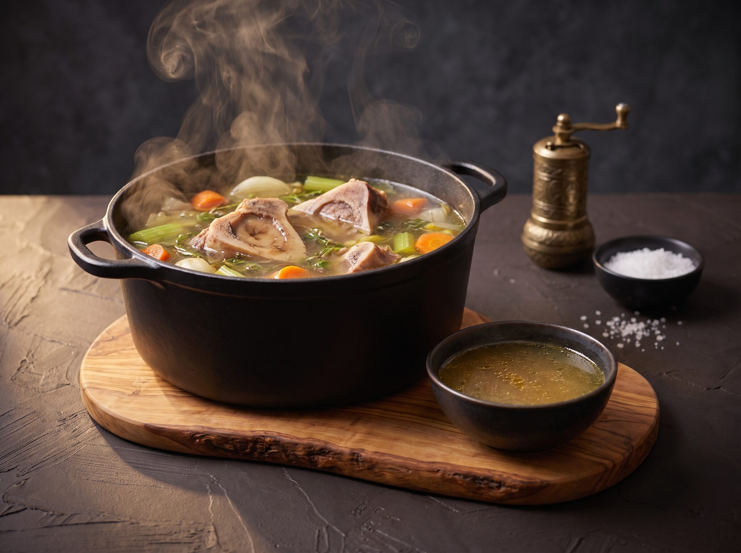 Suppeben simrer til klar bouillon med grøntsager