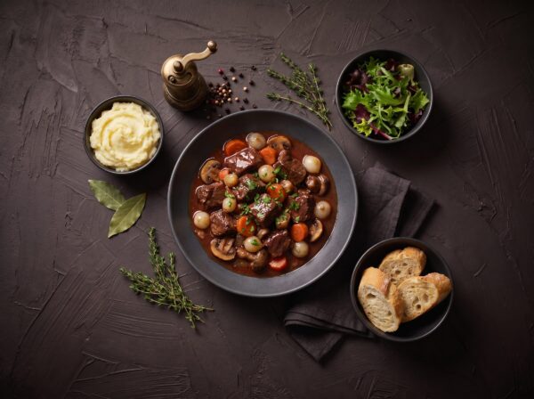 Oksegryde serveret med kartoffelmos og flûte