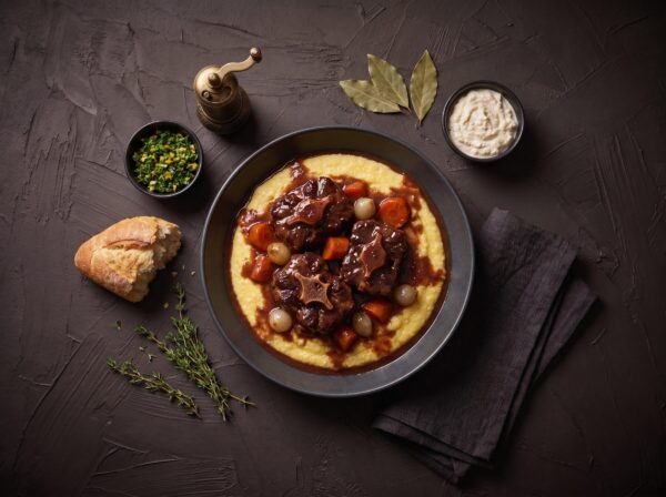 Oksehalegryde serveret på polenta med gremolata