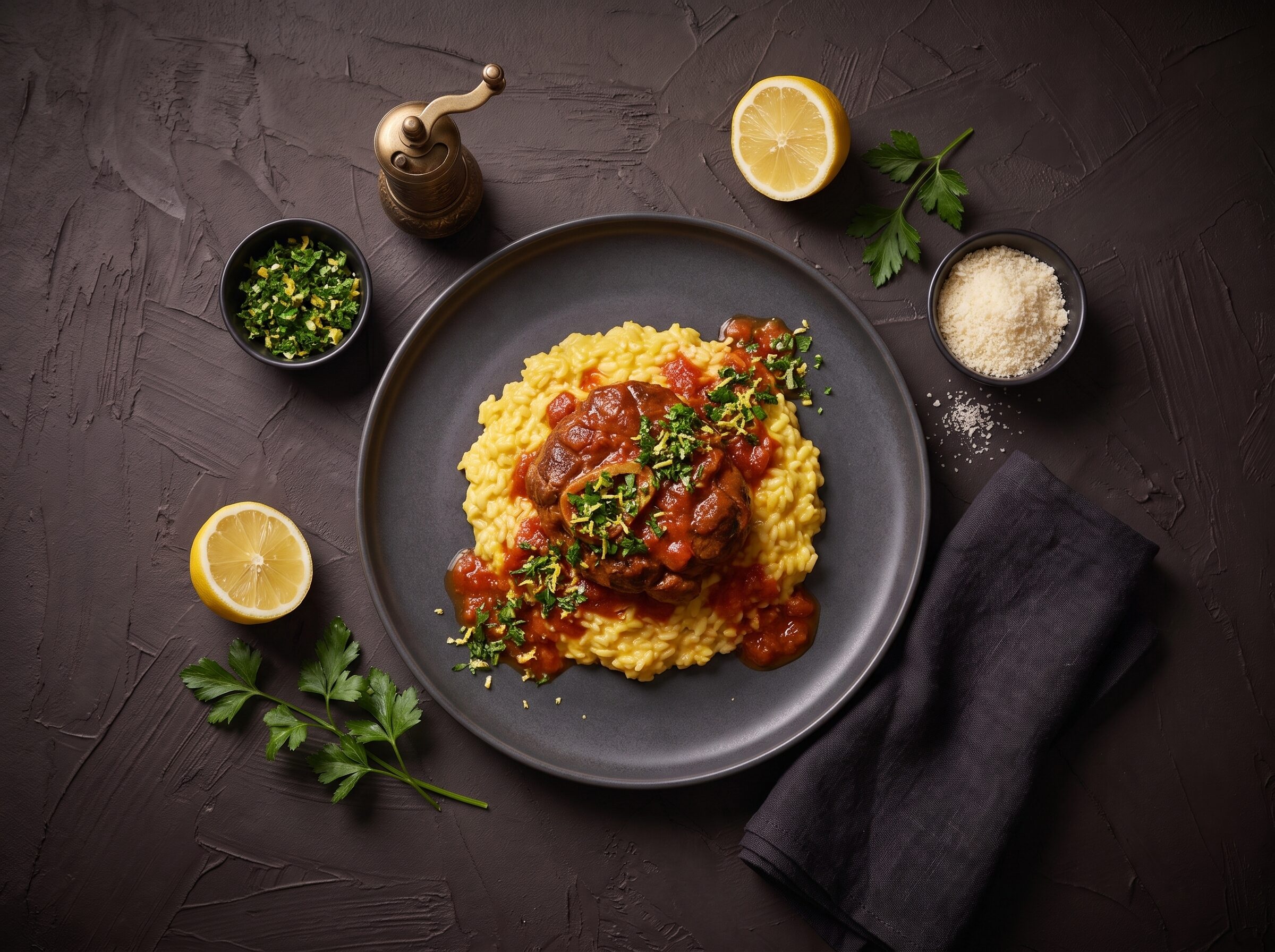 Braiseret osso buco af bison på safranrisotto med gremolata, med citron og parmesan ved siden af.
