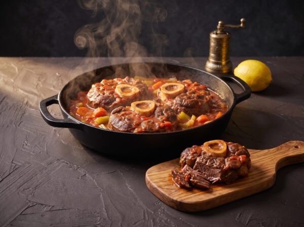 Osso buco af bison der braiserer i tomat og hvidvin med gulerødder og selleri i en støbejernsgryde.