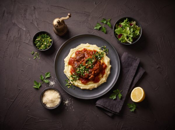 Osso buco serveret på kartoffelmos med gremolata
