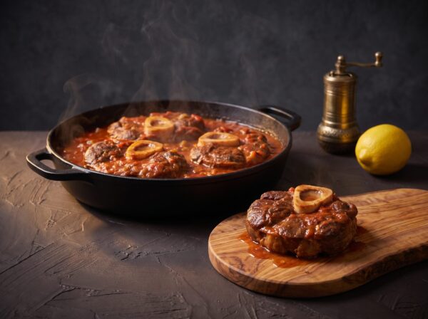 Osso buco braiseret i tomatsauce i støbejernsgryde