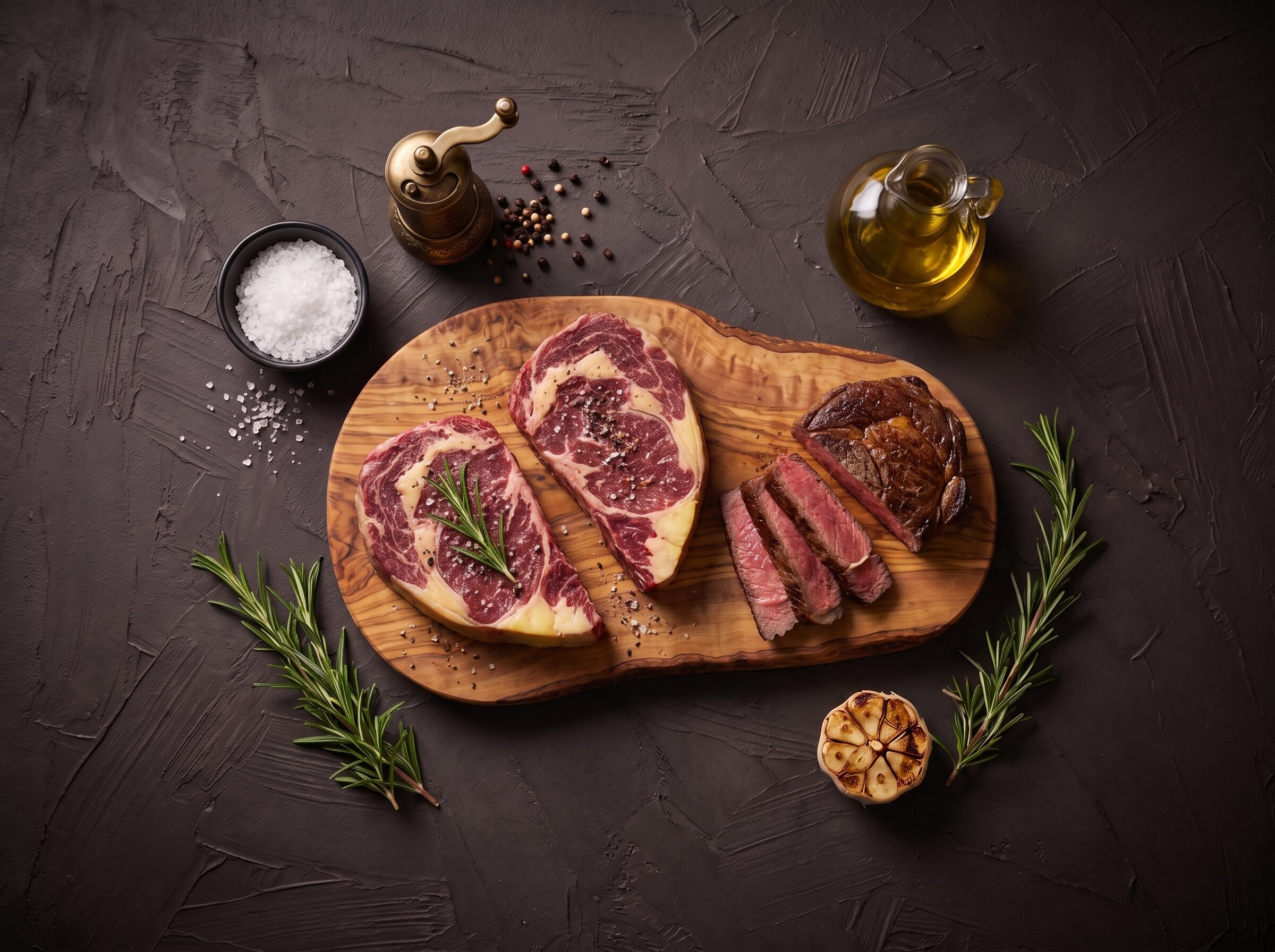 Rå ribeye bøffer af skotsk højlandskvæg med rosmarin