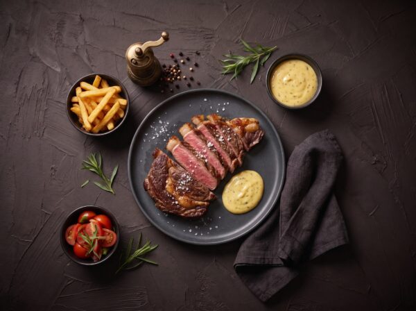 Ribeye skåret i skiver med béarnaise, pommes frites og tomatsalat