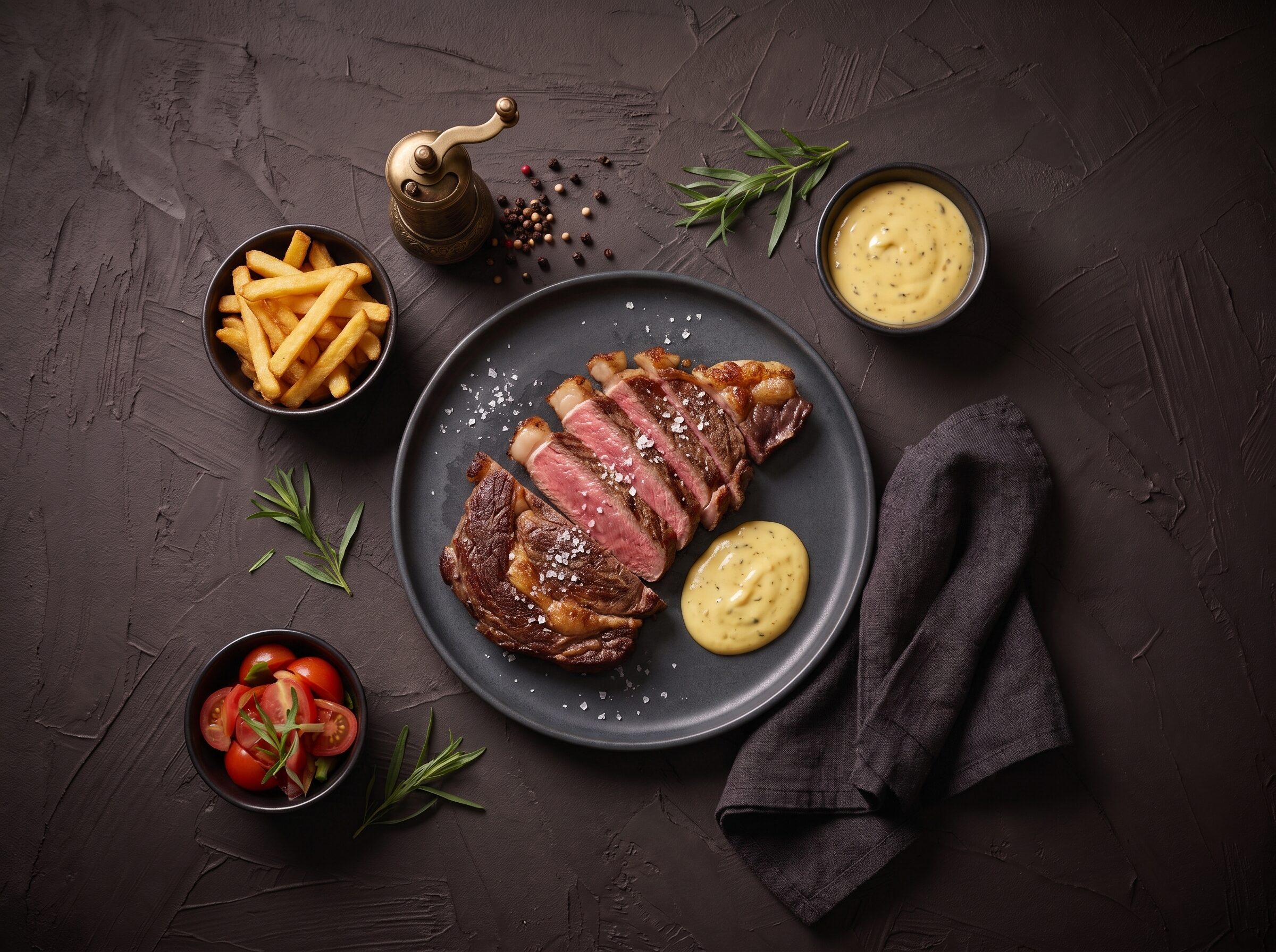 Ribeye skåret i skiver med béarnaise, pommes frites og tomatsalat