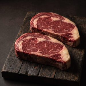 To rå ribeye-bøffer af skotsk højlandskvæg med fin marmorering og fedtkant, på et mørkt træbræt.