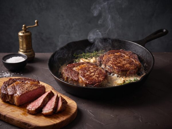 Ribeye steges i støbejernspande med smør, hvidløg og timian