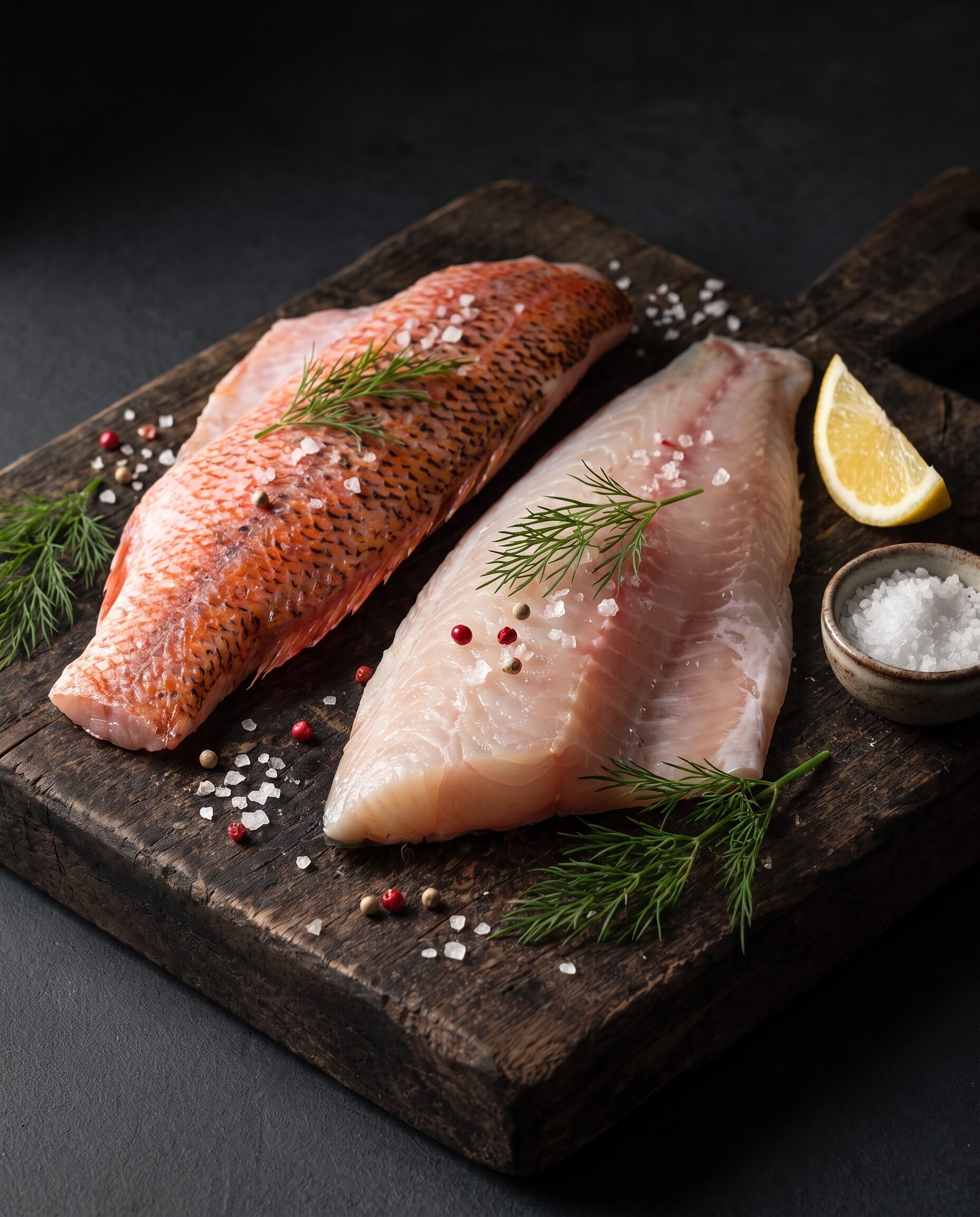 Rå rødfiskfileter på et mørkt træbræt med flagesalt, peberkorn, dild og citron.