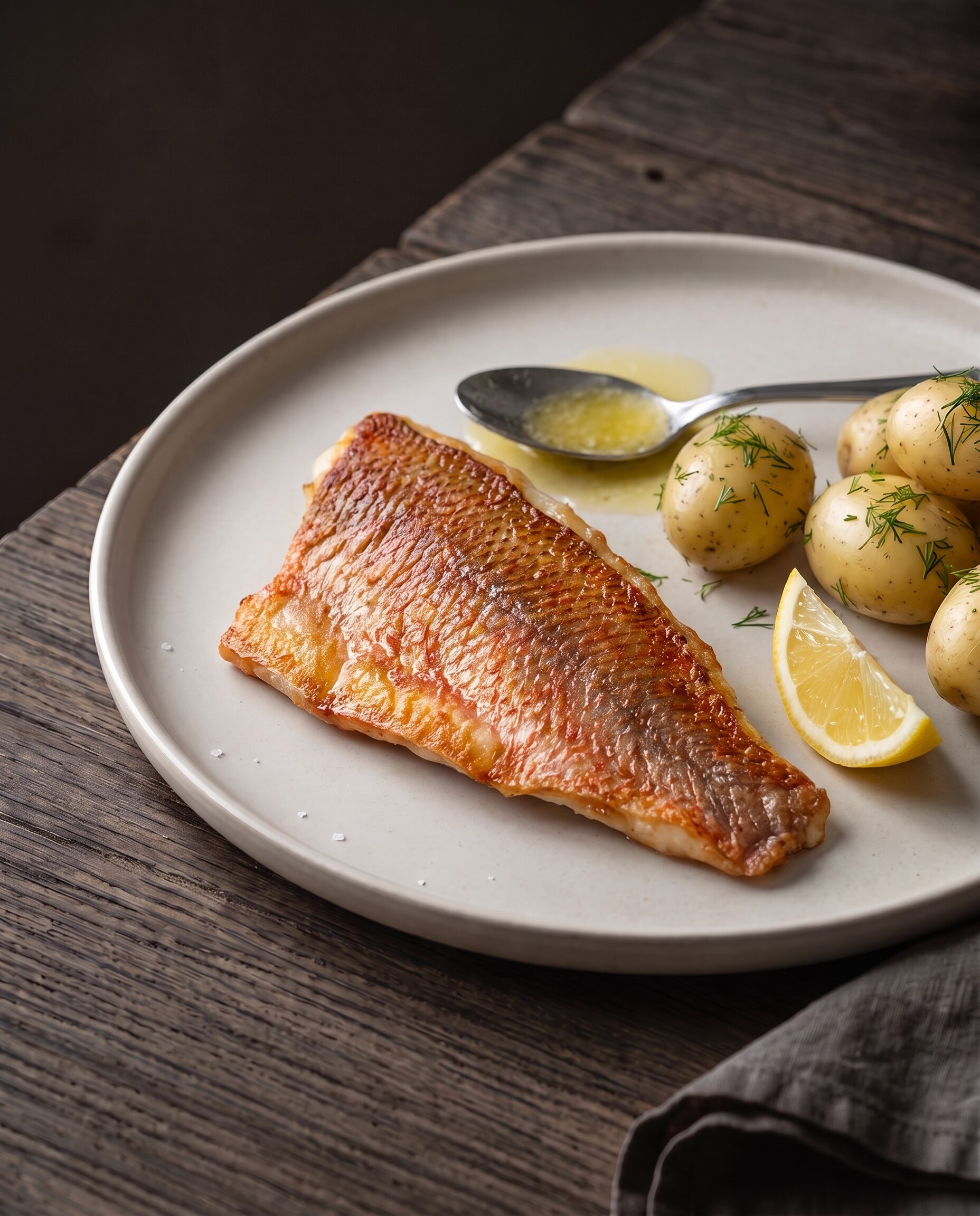 Skindstegt rødfiskfilet med sprødt skind, serveret med nye kartofler, dild, smør og citron.