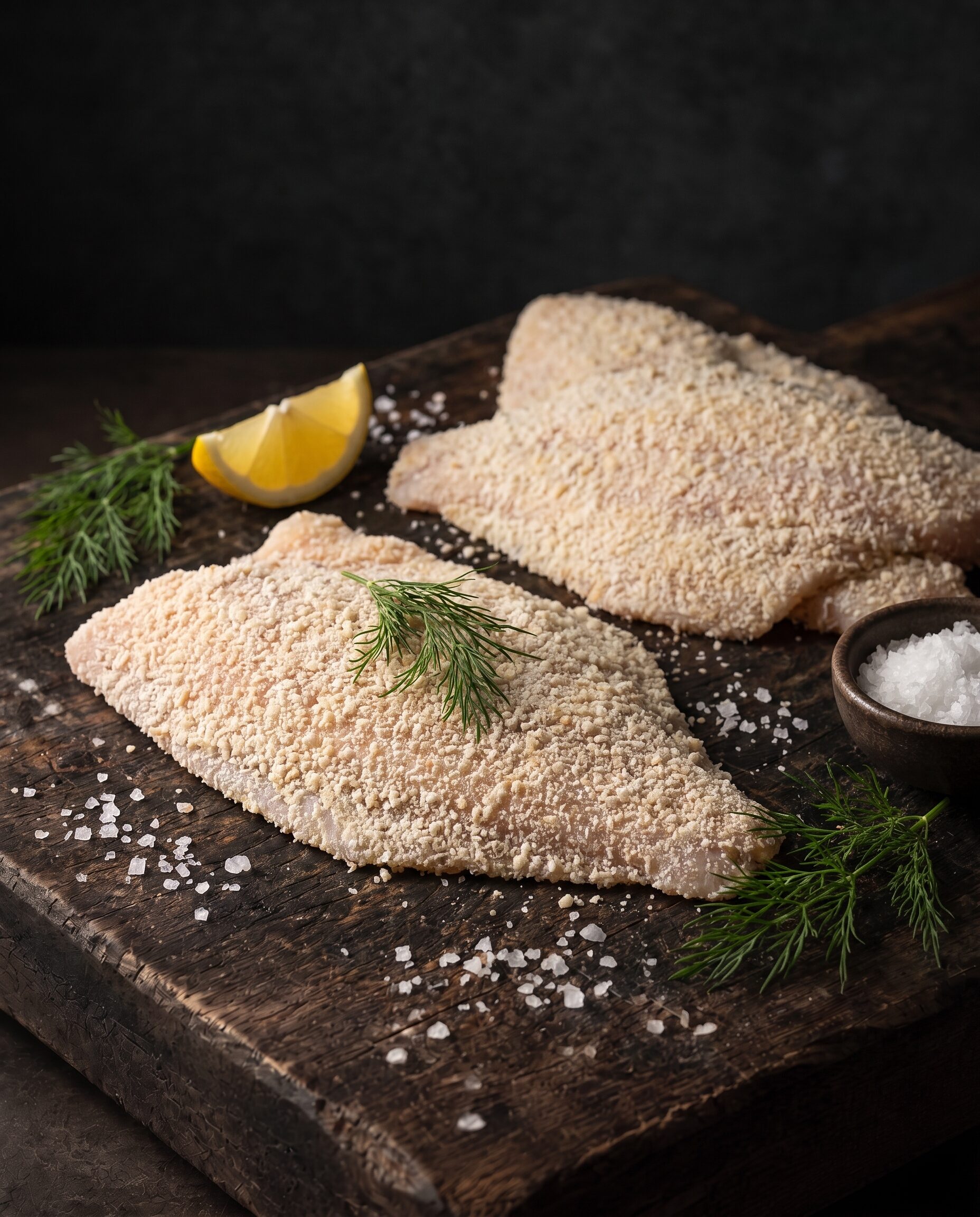 Rå panerede rødspættefileter på et mørkt træbræt med flagesalt, dild og citron.