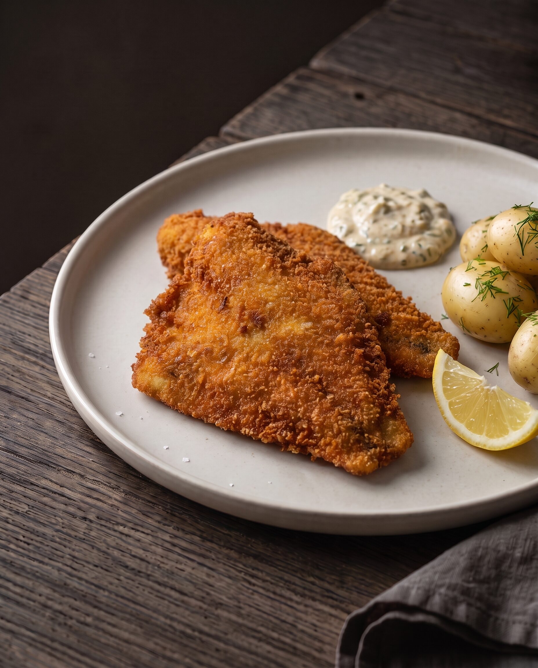 Stegte panerede rødspættefileter med sprød gylden skorpe, serveret med nye kartofler, remoulade og citron.