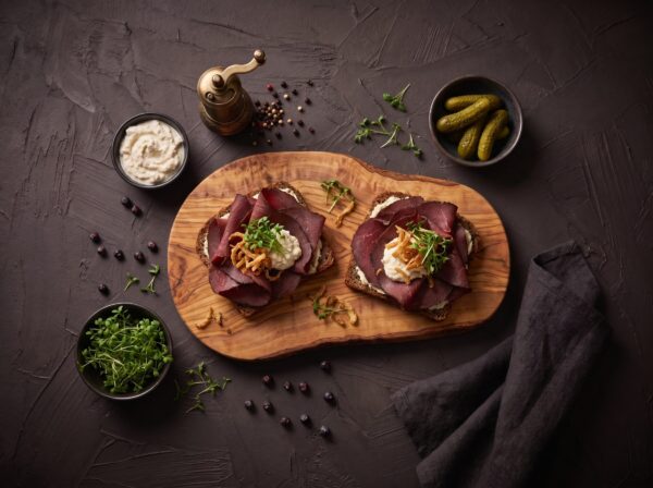 Rugbrødsmadder med røget bison yderlår, peberrodscreme, sprøde løg og karse på et bræt.