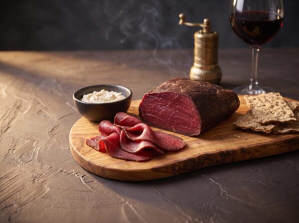 Røget bison yderlår med papirtynde skiver på et bræt, med peberrodscreme og et glas rødvin.