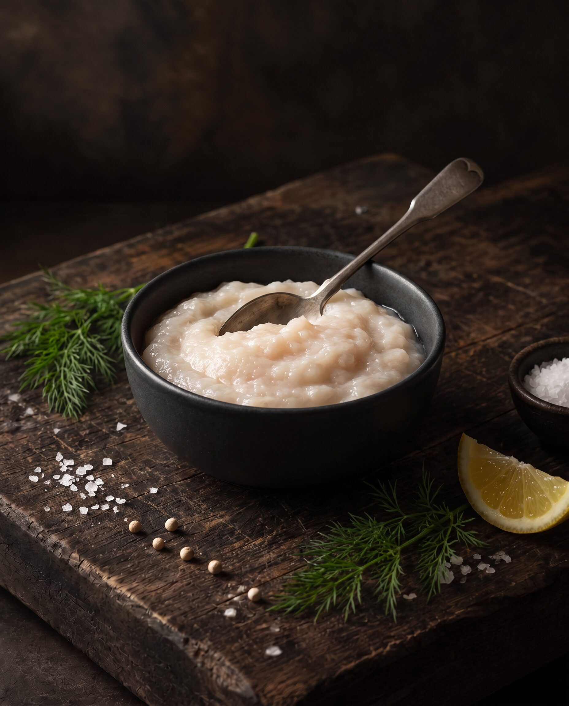 Rørt fiskefars i en mørk skål med flagesalt, hvide peberkorn, dild og citron.