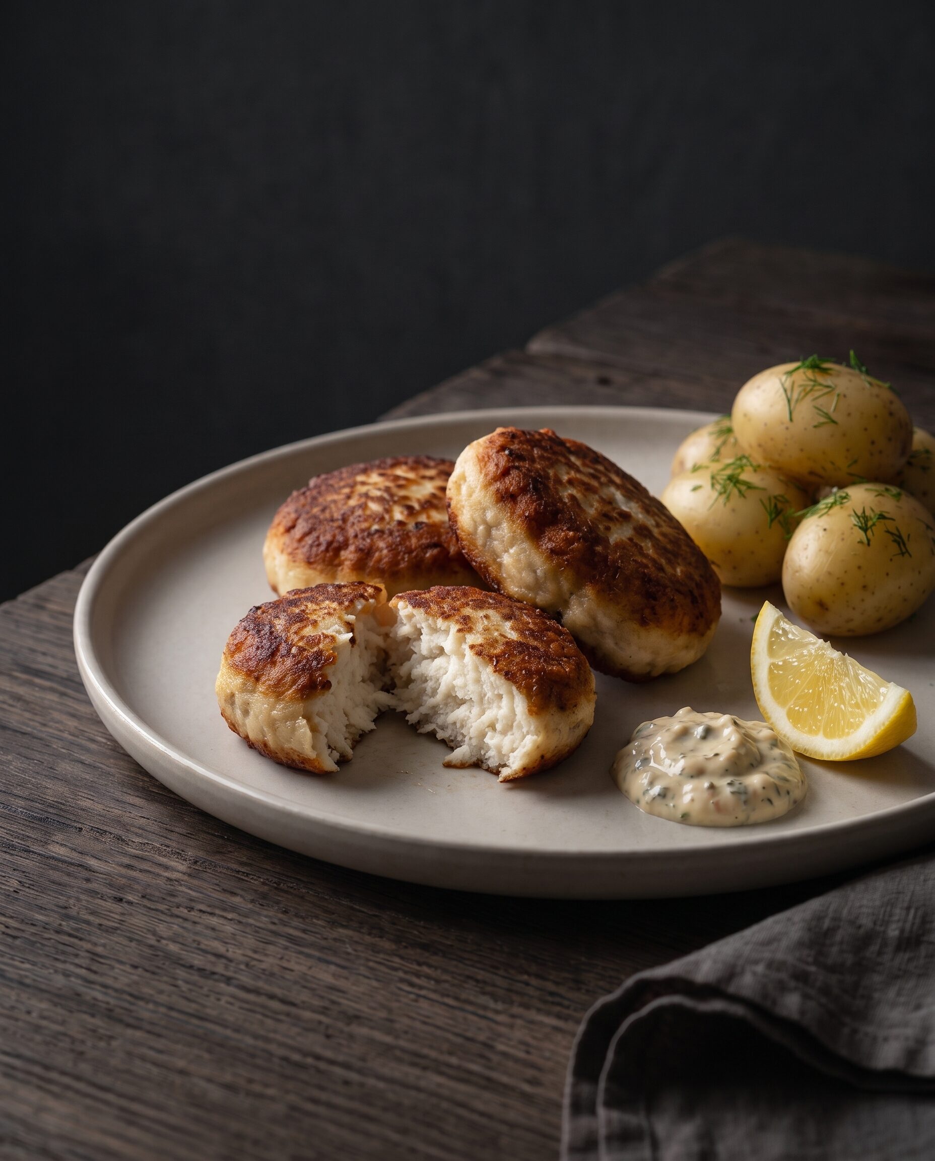 Stegte fiskefrikadeller, den ene skåret over, serveret med nye kartofler, remoulade og citron.