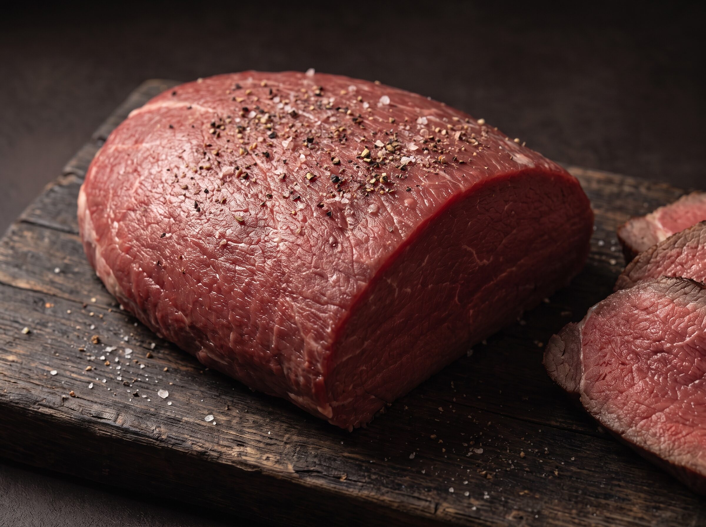 Hel rå rump heart filet af skotsk højlandskvæg på et mørkt træbræt, med stegte skiver ved siden af.