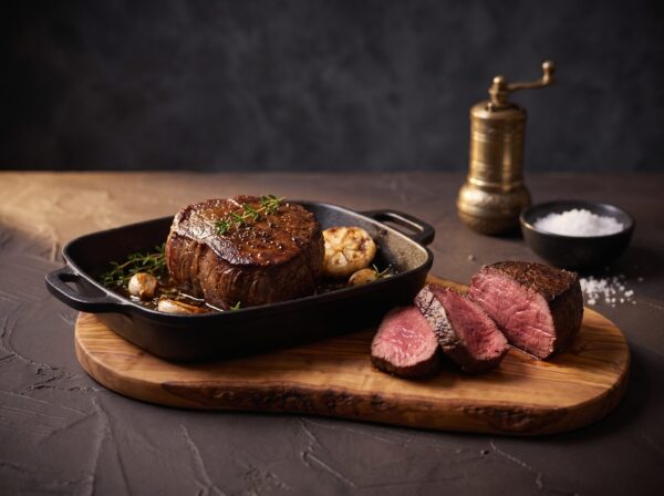 Ovnstegt rump heart filet i et støbejernsfad, med jævnt lyserøde skiver på brættet.