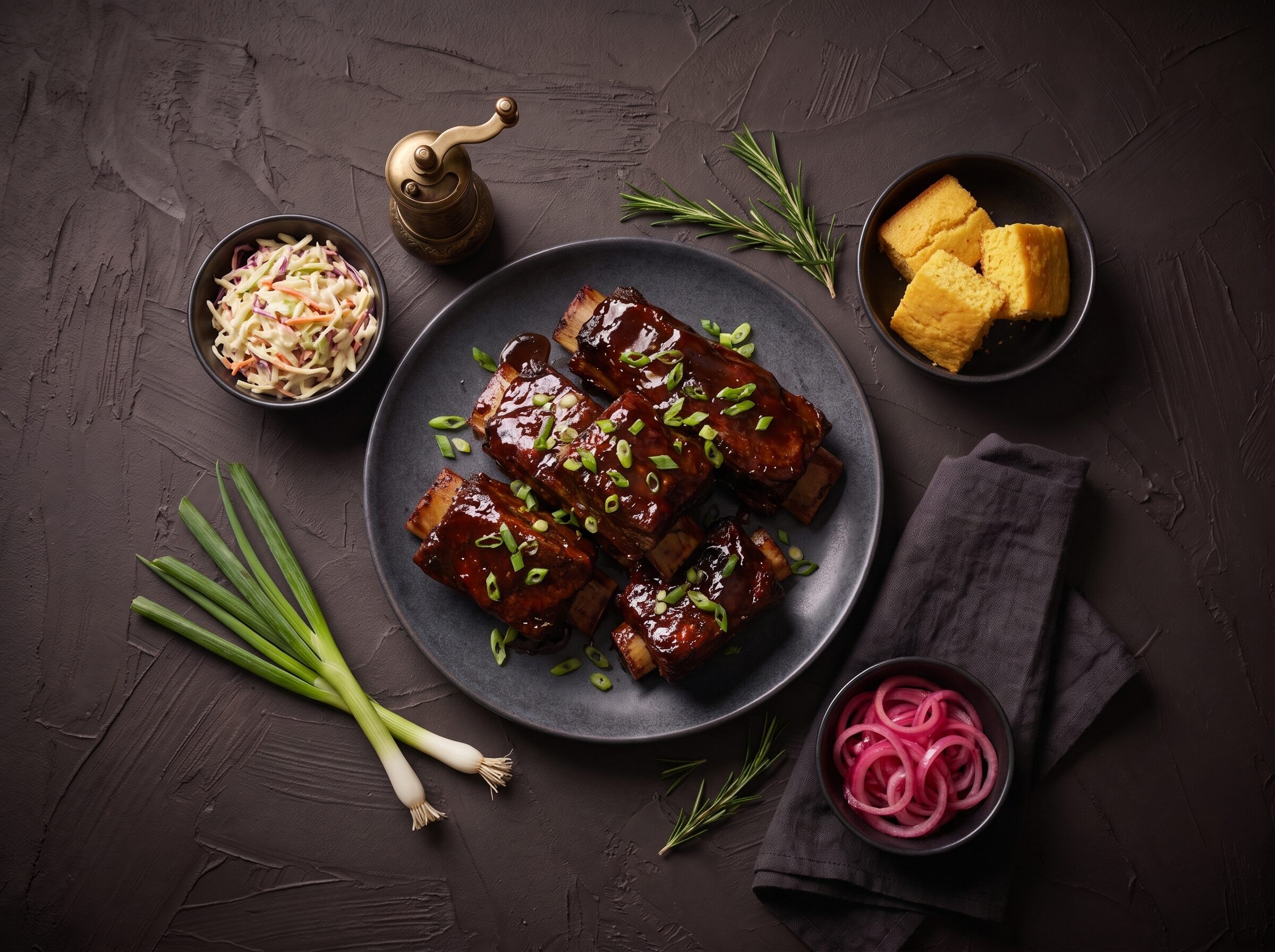 Glaserede short ribs med coleslaw, majsbrød og syltede rødløg