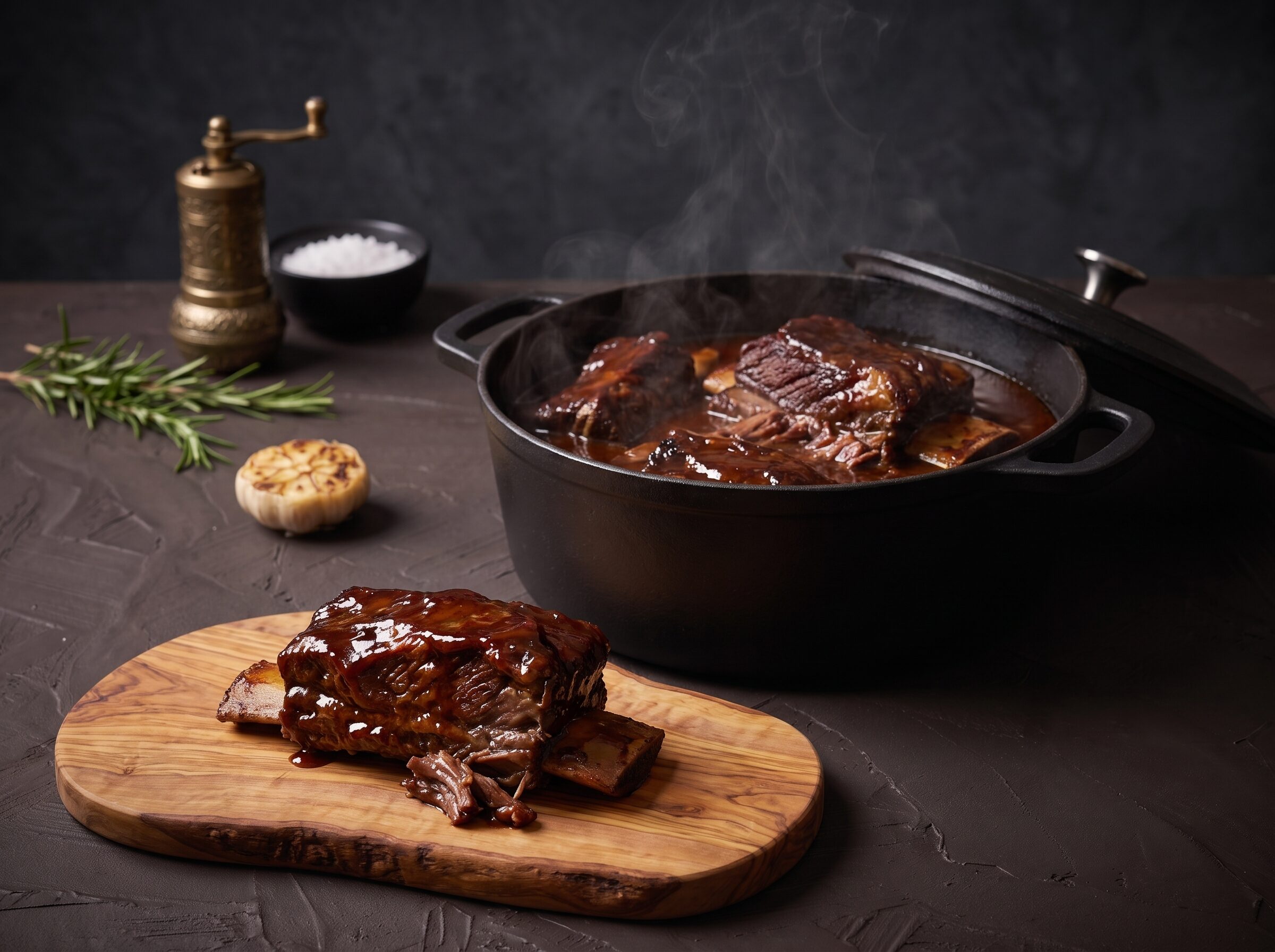 Short ribs braiseres i barbecue- og rødvinssauce