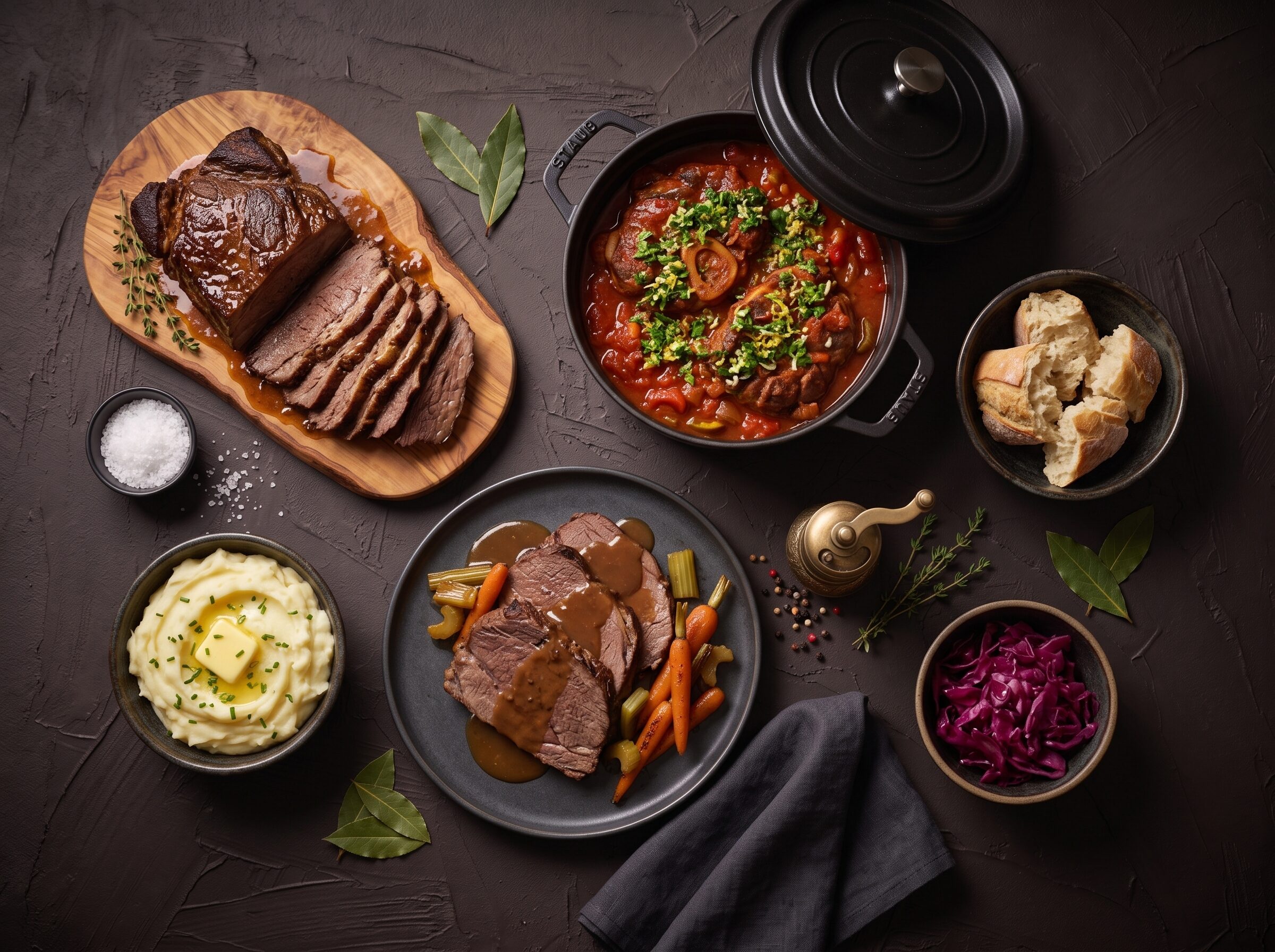 Søndagsmiddag med osso buco, braiseret spidsbryst og grydesteg