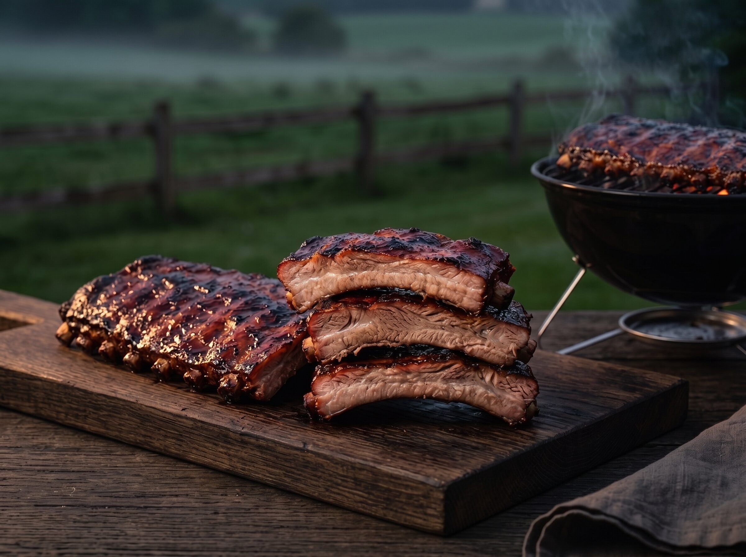 Økologiske BBQ-spareribs på kuglegrillen og skåret i stykker på et træbræt ved en mark i skumringen.