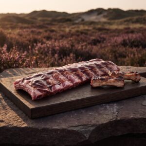 Rå økologiske spareribs i BBQ-marinade på et mørkt egetræsbræt på heden i aftensol, med et grillet ribben ved siden af.