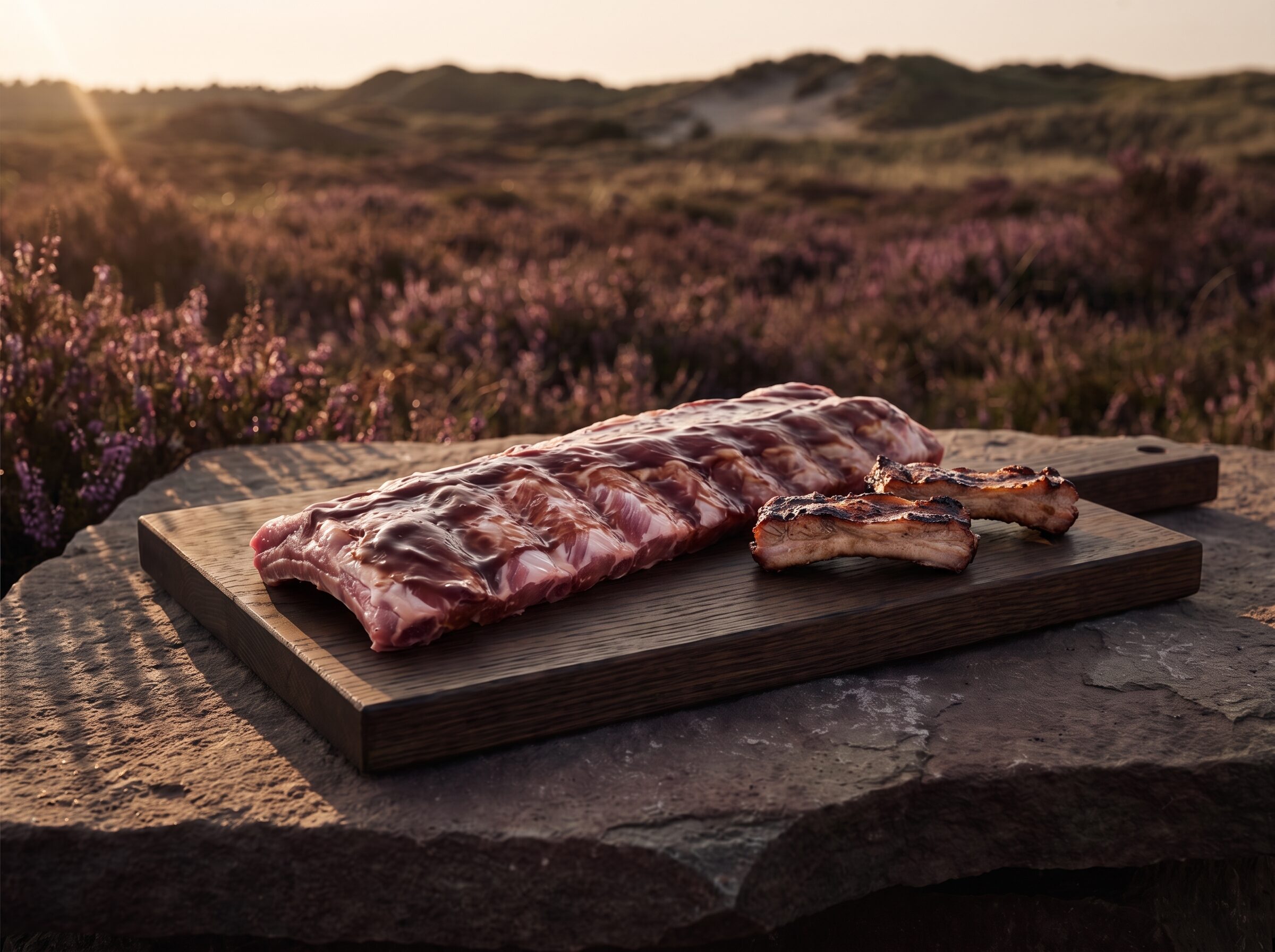Rå økologiske spareribs i BBQ-marinade på et mørkt egetræsbræt på heden i aftensol, med et grillet ribben ved siden af.