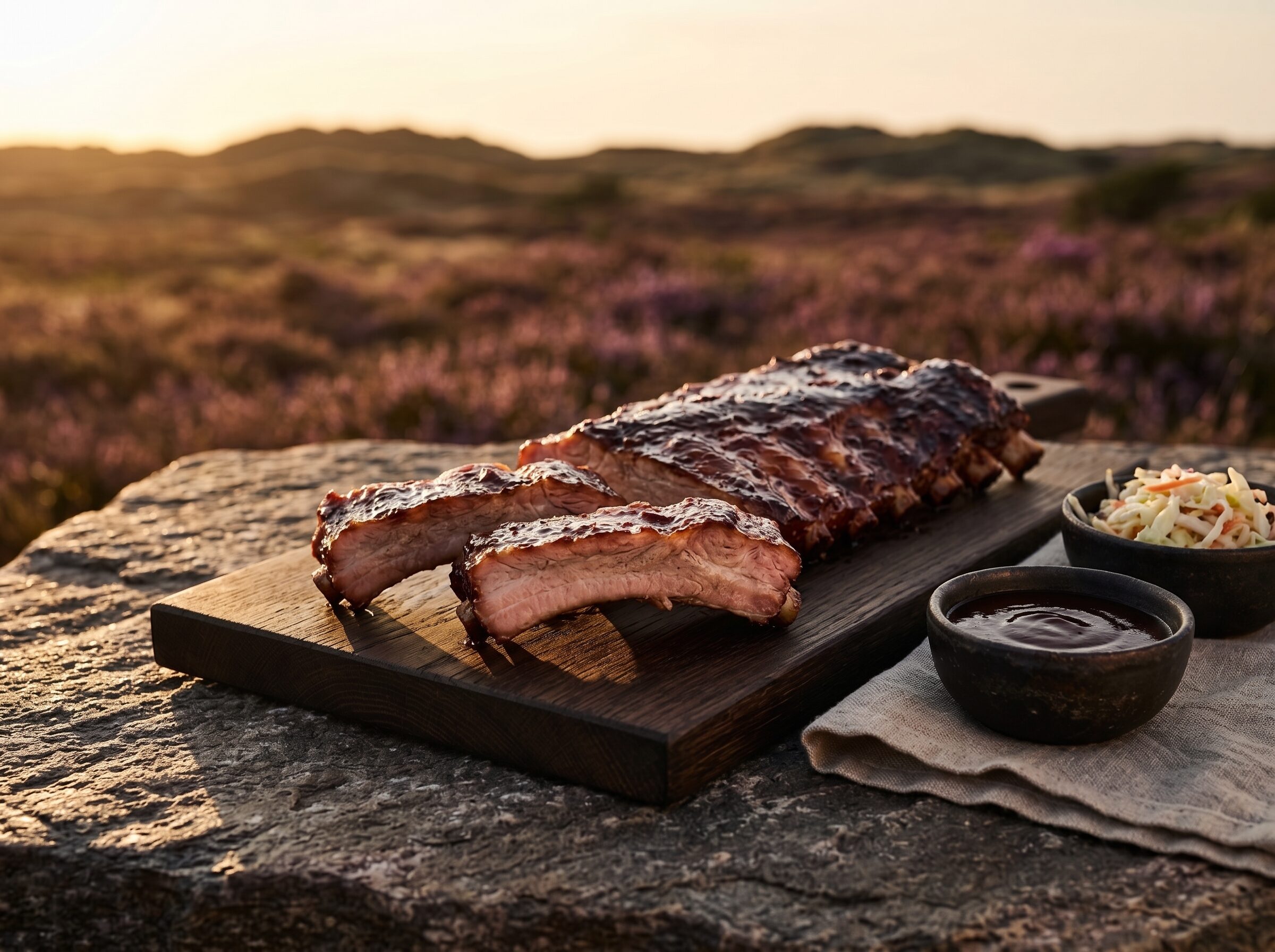 Grillede BBQ-spareribs skåret i portioner på et egetræsbræt på heden, med BBQ-sauce og coleslaw ved siden af.
