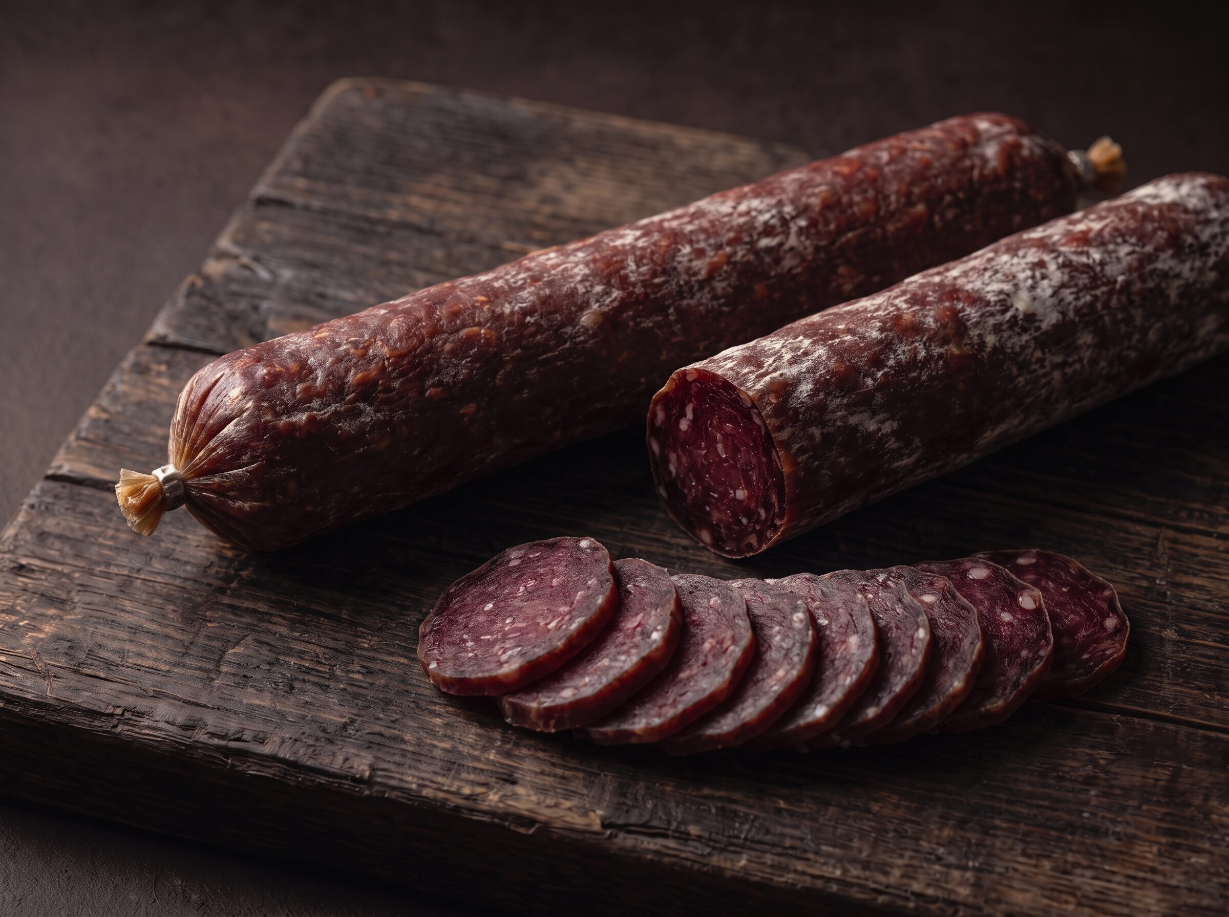 To spegepølser af bison på et mørkt træbræt, med mørkrøde skiver foran.