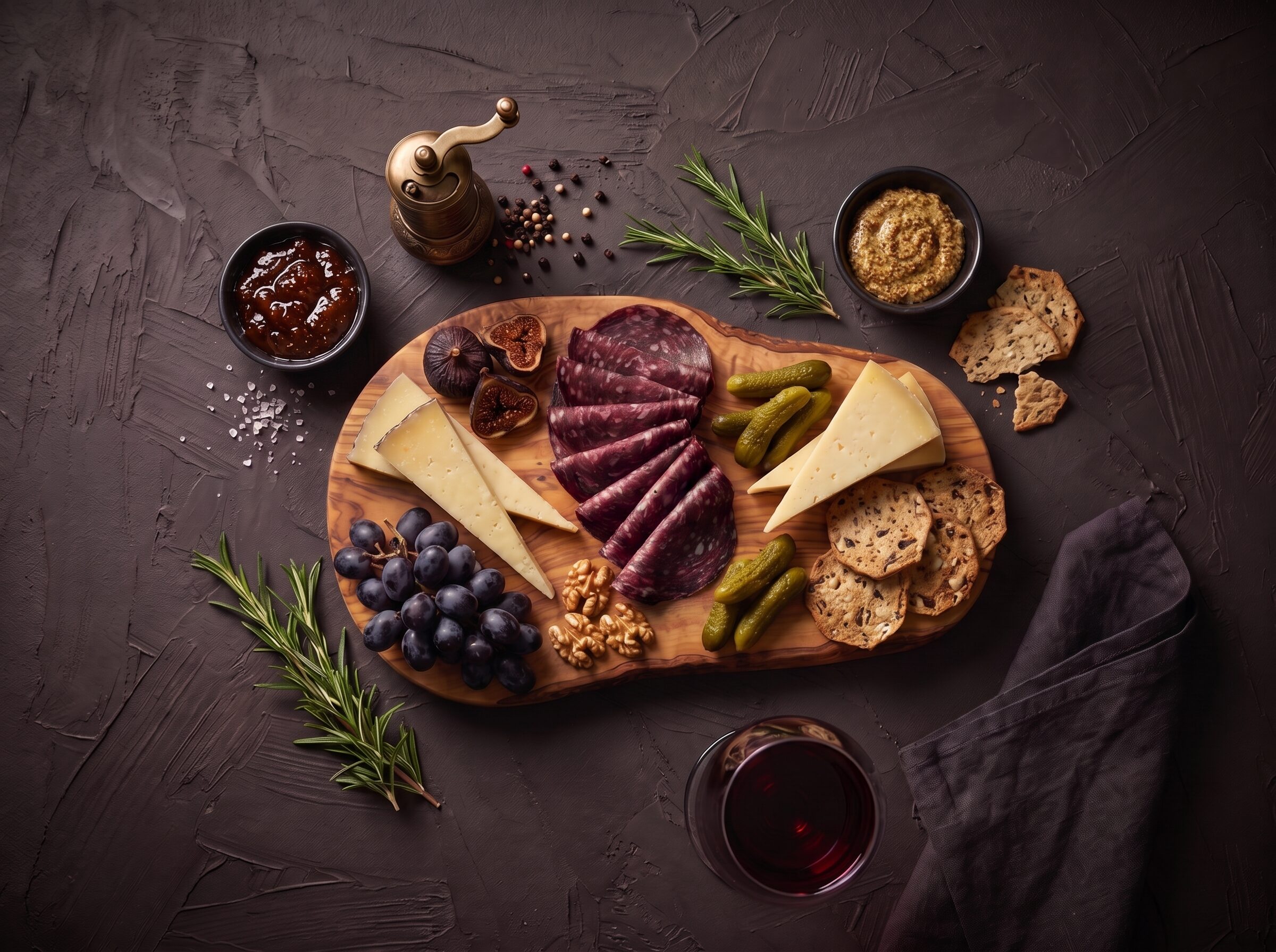 Charcuteribræt med skiver af bison spegepølse, lagret ost, figner, druer og valnødder.