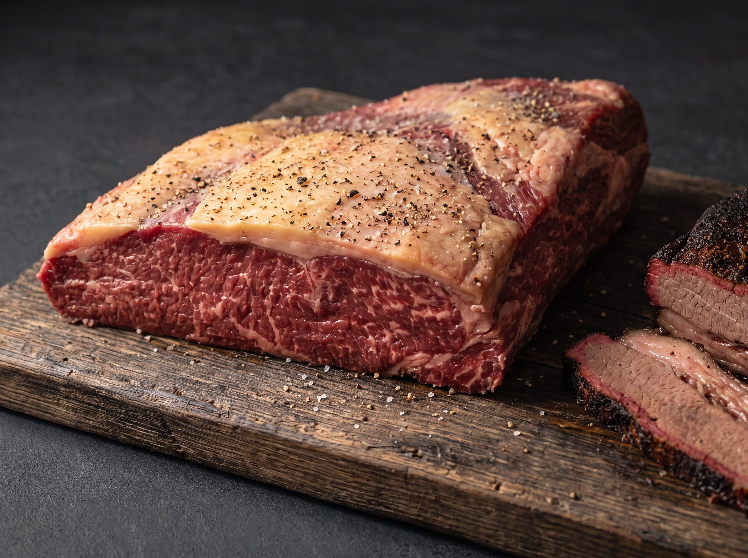 Råt spidsbryst af skotsk højlandskvæg med fedtlag på et mørkt træbræt, med skiver af langtidstilberedt brisket ved siden af.