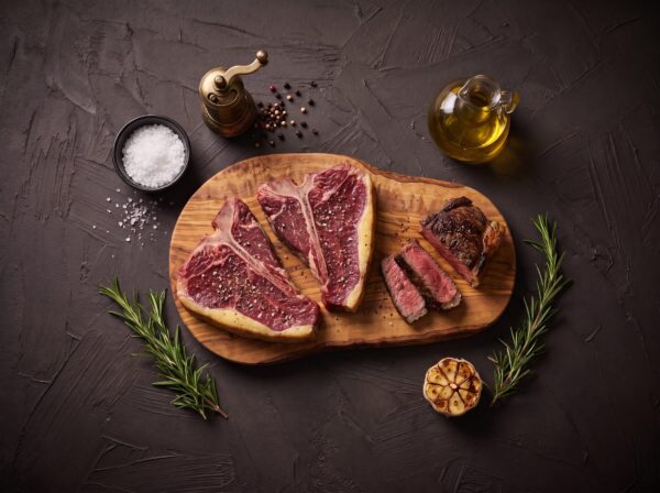 Rå T-bone bøffer af skotsk højlandskvæg på træbræt