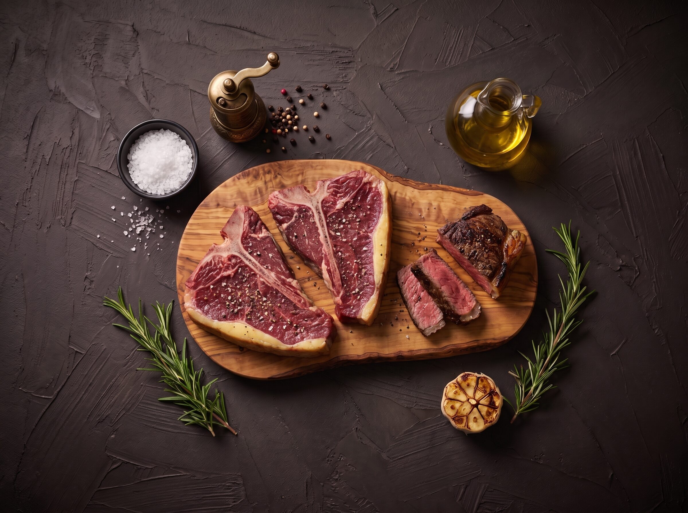 Rå T-bone bøffer af skotsk højlandskvæg på træbræt