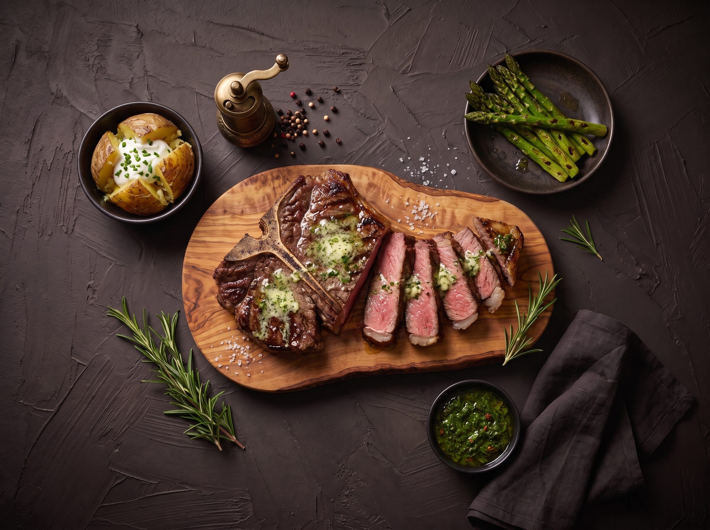 T-bone bøf skåret ud med kryddersmør, bagt kartoffel og asparges