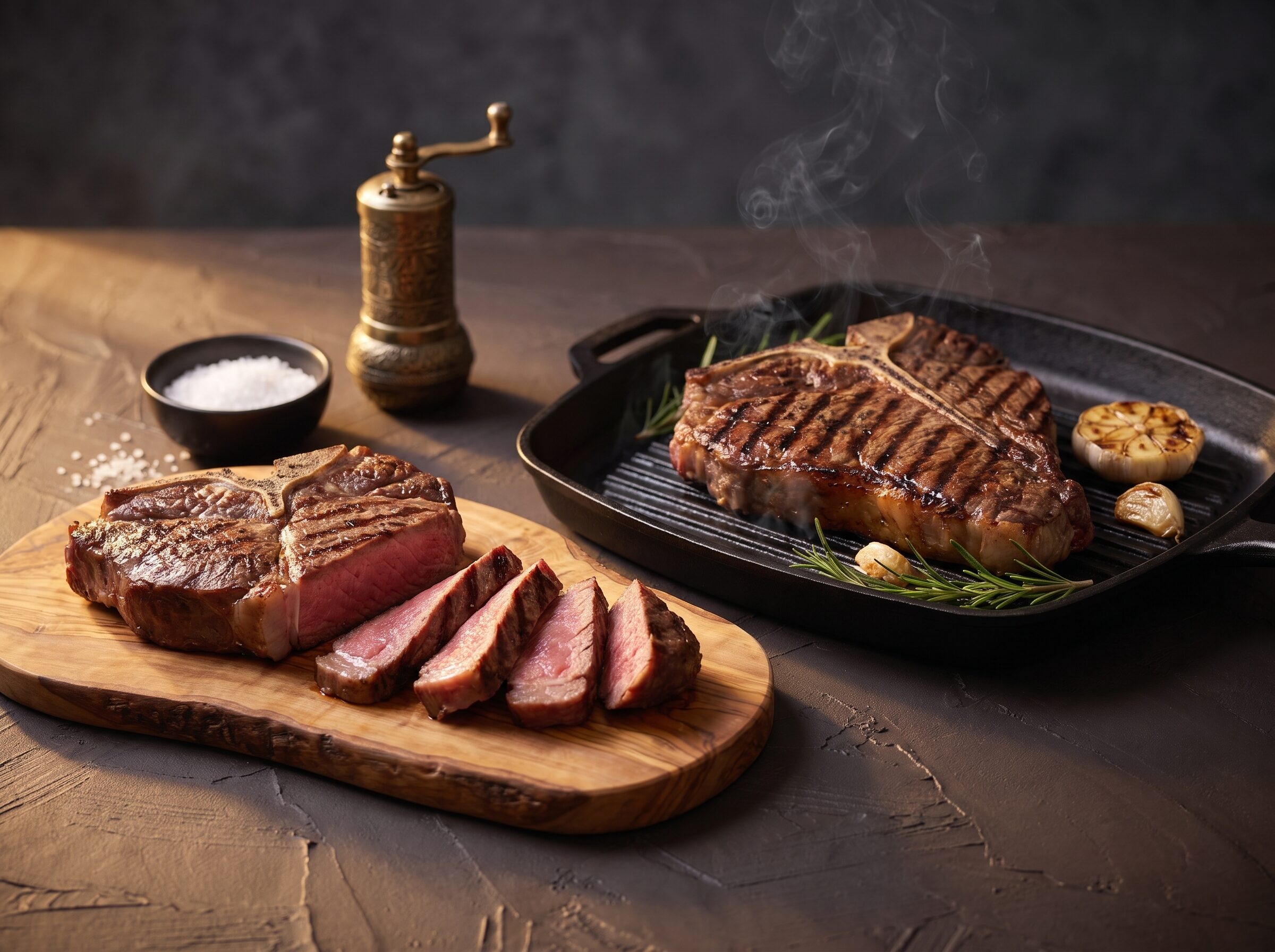 T-bone bøf grilles i støbejernsgrillpande