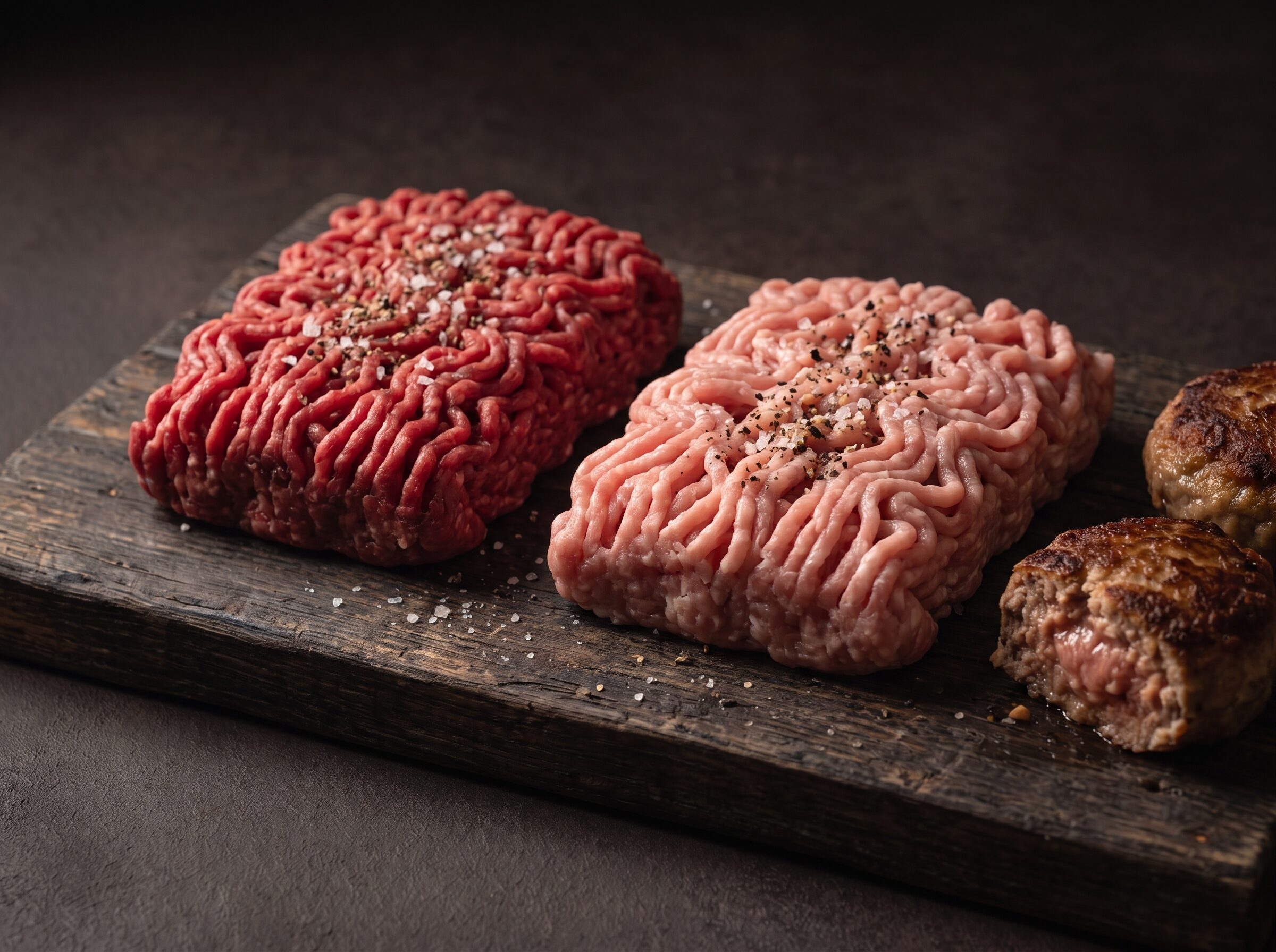 Hakket oksekød og hakket grisekød side om side på et mørkt træbræt, med stegte frikadeller ved siden af.