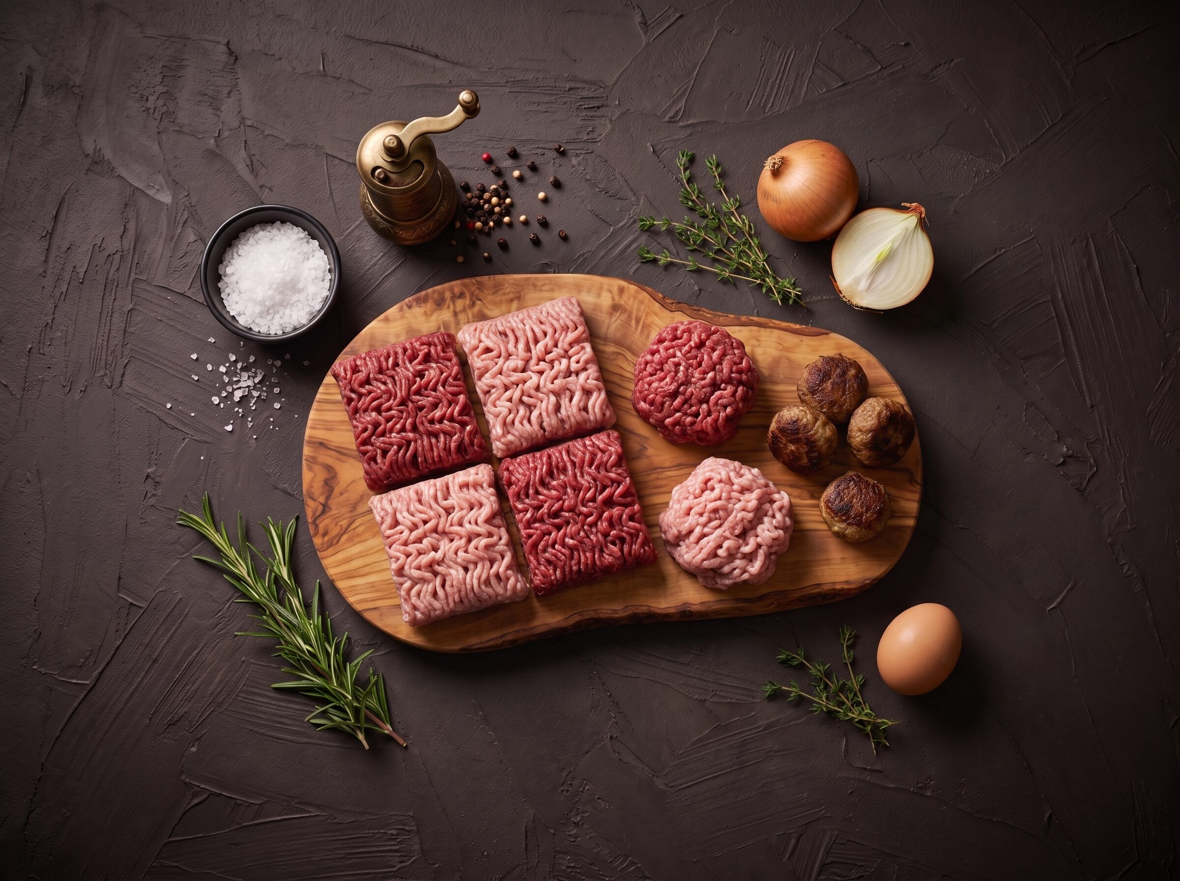 Portioner af hakket okse- og grisekød à 500 g på et oliventræsbræt, med frikadeller, løg og æg omkring.