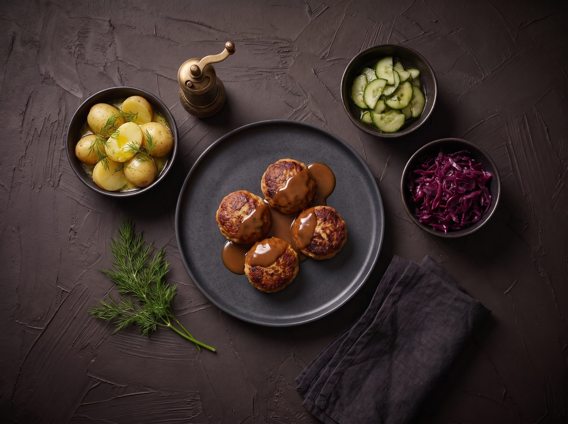 Frikadeller med brun sovs på en mørk tallerken, med nye kartofler, agurkesalat og rødkål ved siden af.