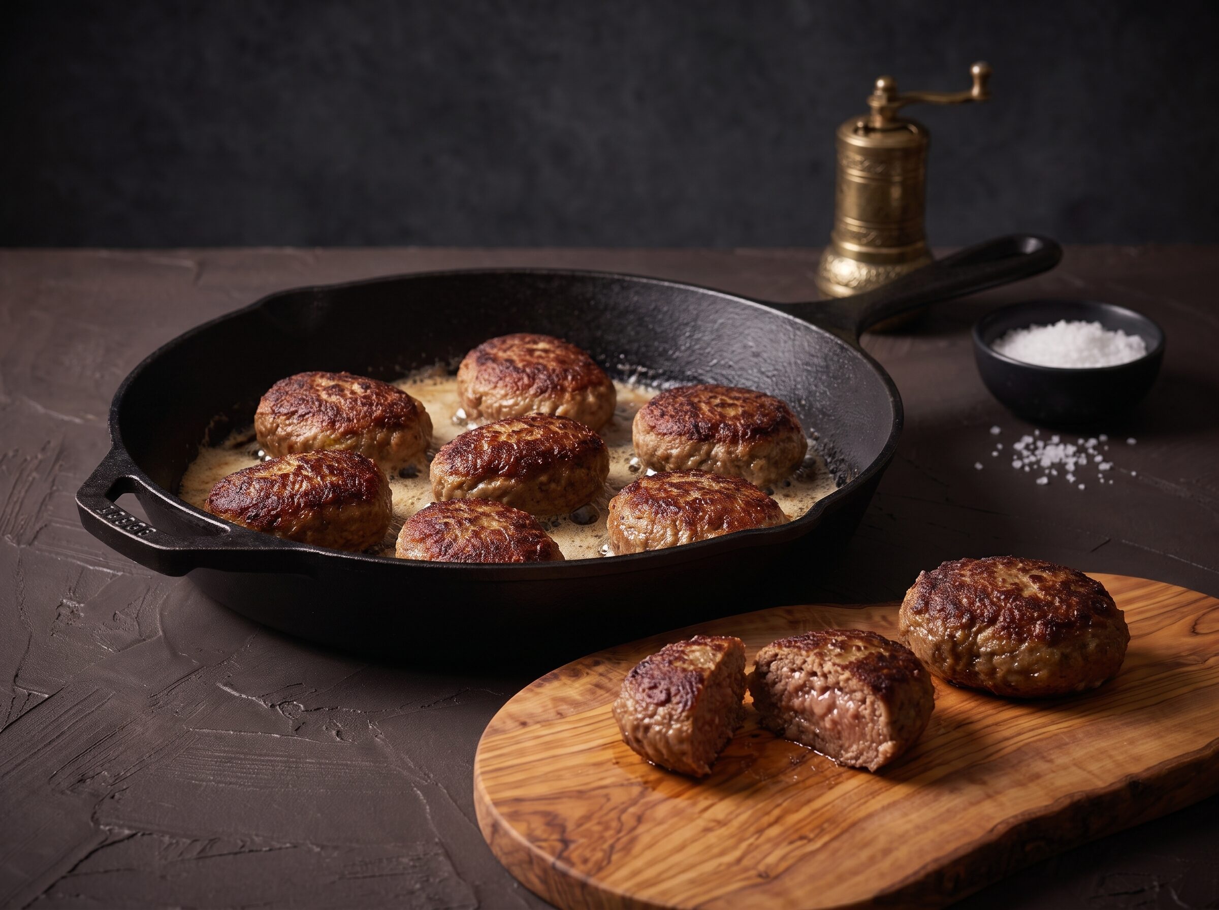 Frikadeller af okse og gris der steger gyldne i smør i en støbejernspande.