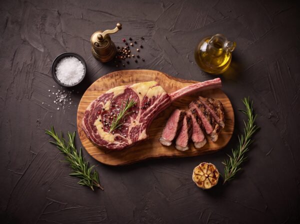 Rå tomahawk steak af skotsk højlandskvæg med langt ribben
