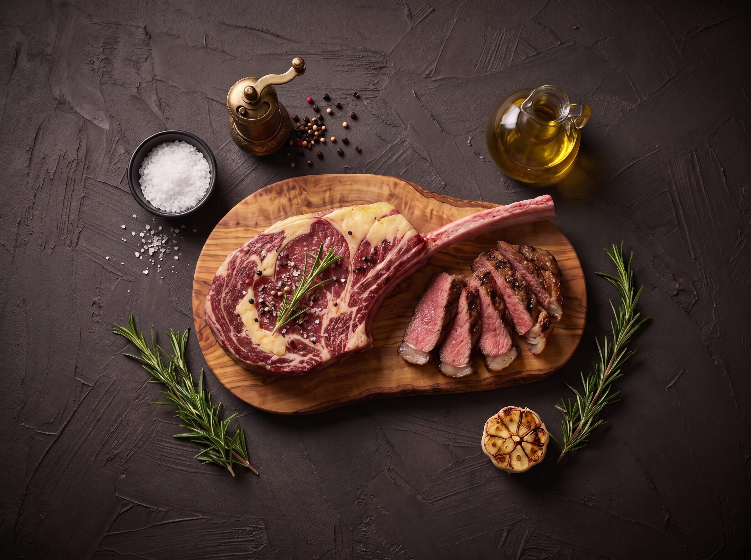 Rå tomahawk steak af skotsk højlandskvæg med langt ribben