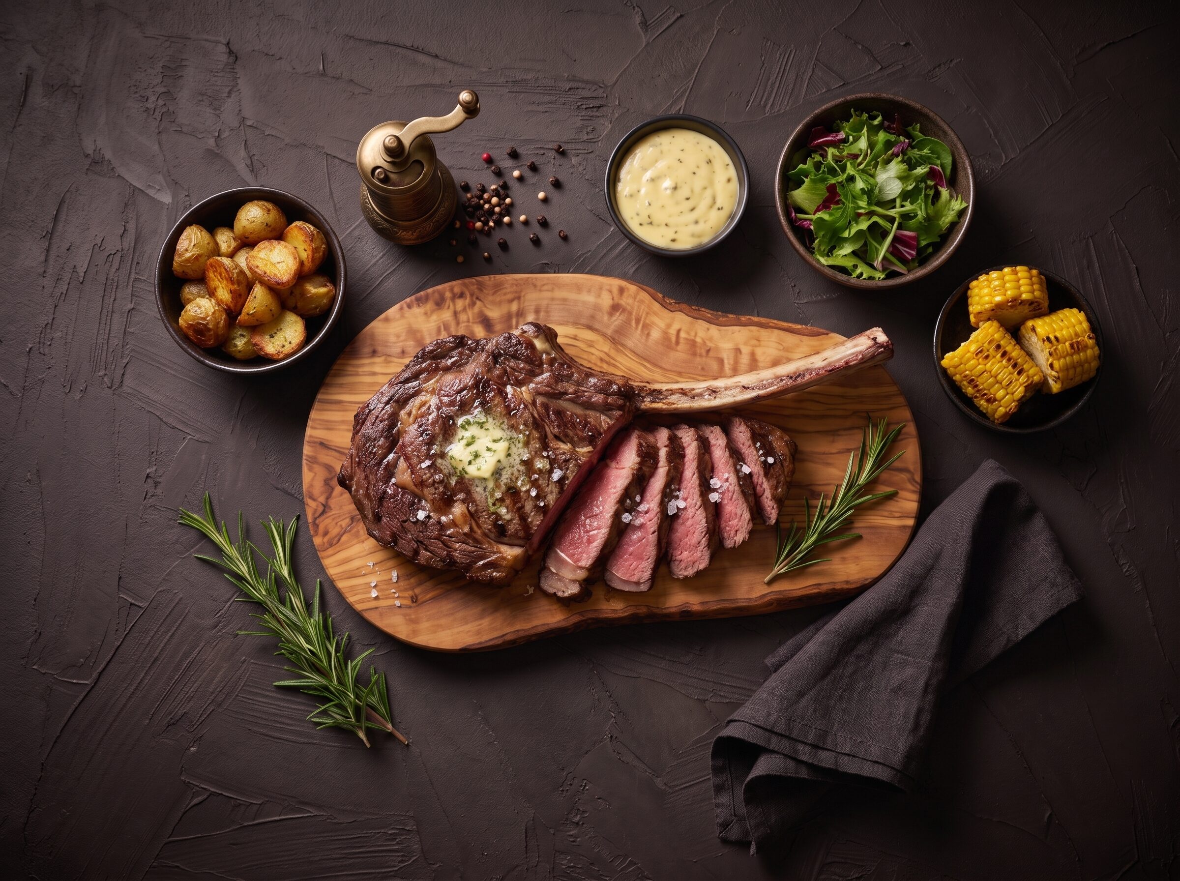 Tomahawk steak skåret ud til deling med kartofler og béarnaise