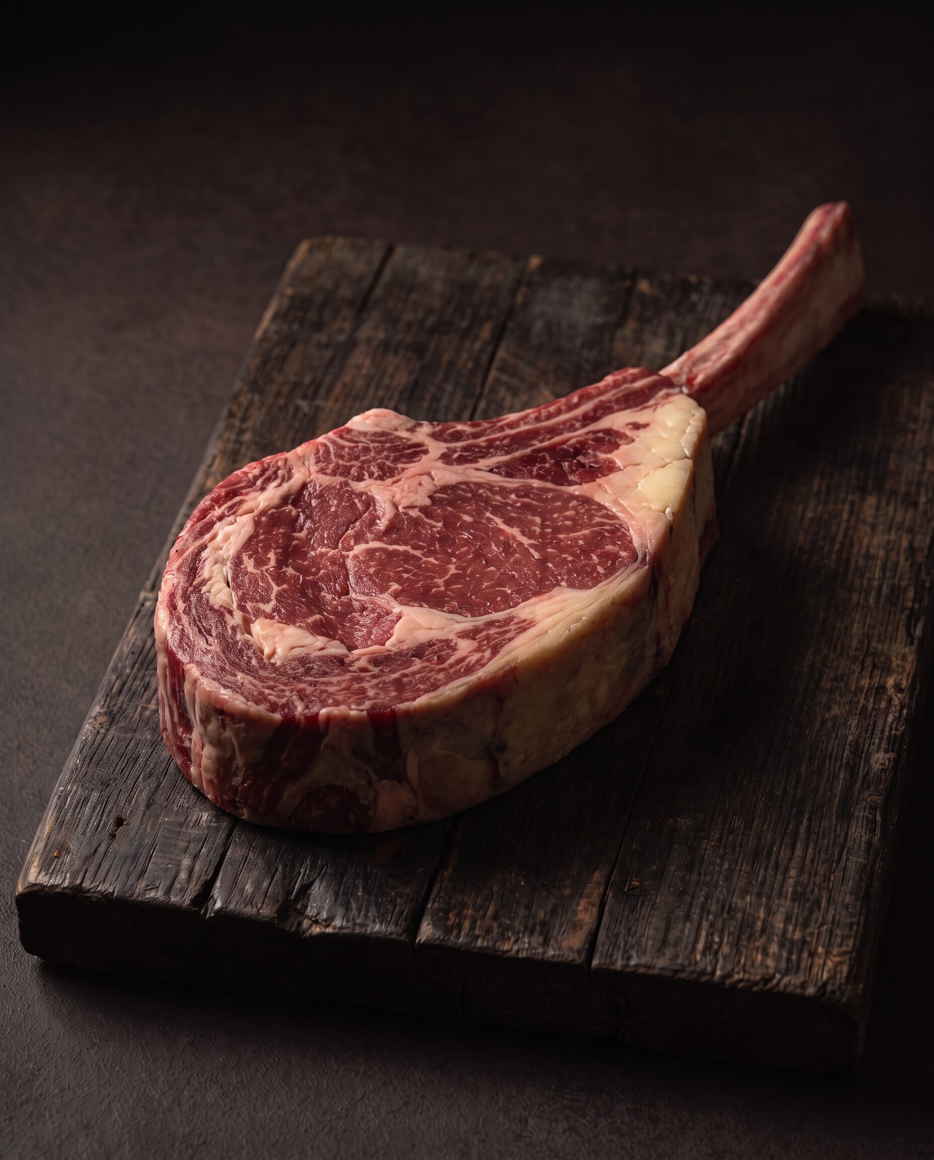 Rå tomahawk steak af skotsk højlandskvæg med det lange ribbensben, fin marmorering og fedtkant, på et mørkt træbræt.