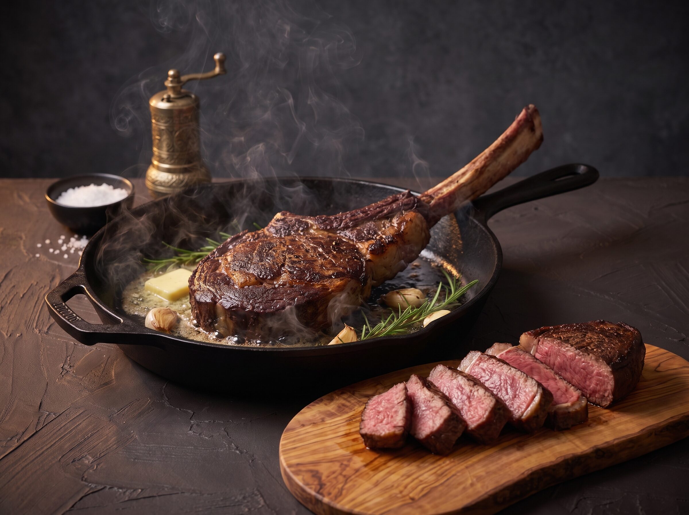 Tomahawk steak steges i støbejernspande med smør og rosmarin