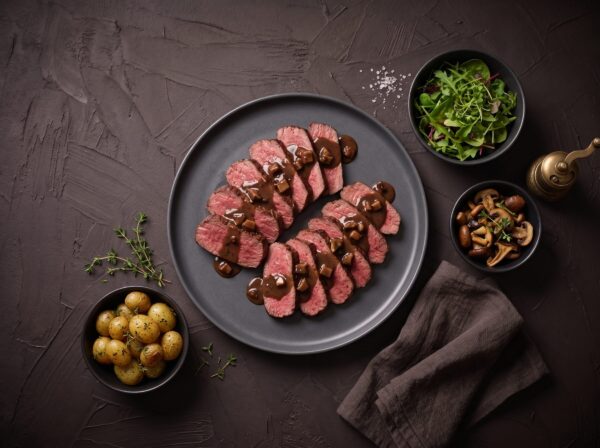 Tyndstegsfilet i tynde skiver med svampesauce og kartofler