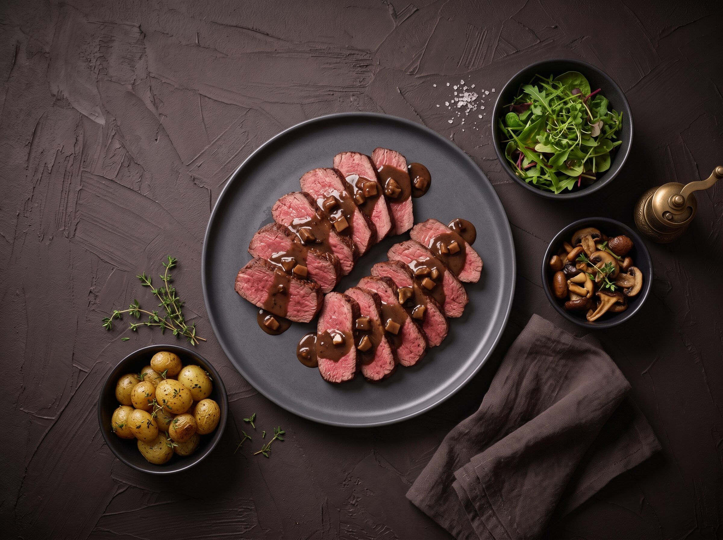 Tyndstegsfilet i tynde skiver med svampesauce og kartofler