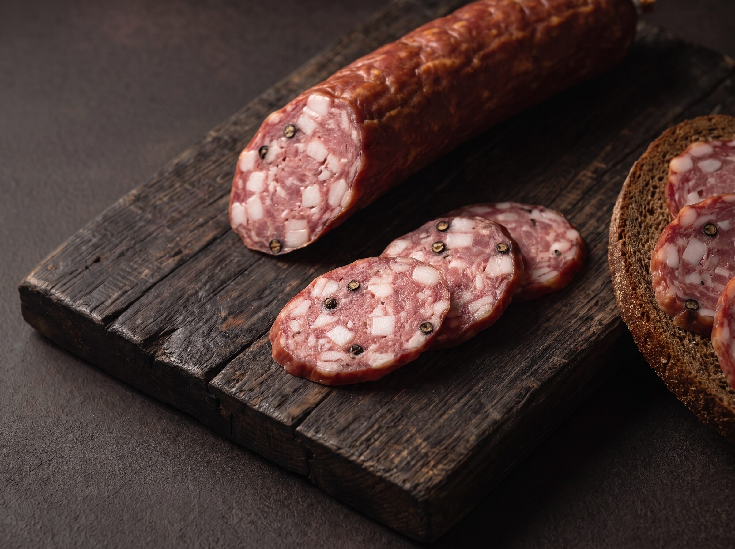 Tyroler pølse i skiver med fedtterninger og peberkorn