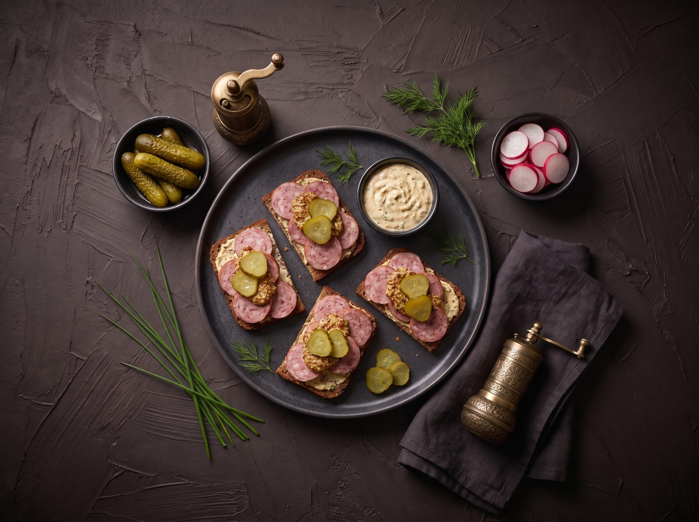 Frokostbord med smørrebrød af tyroler pølse