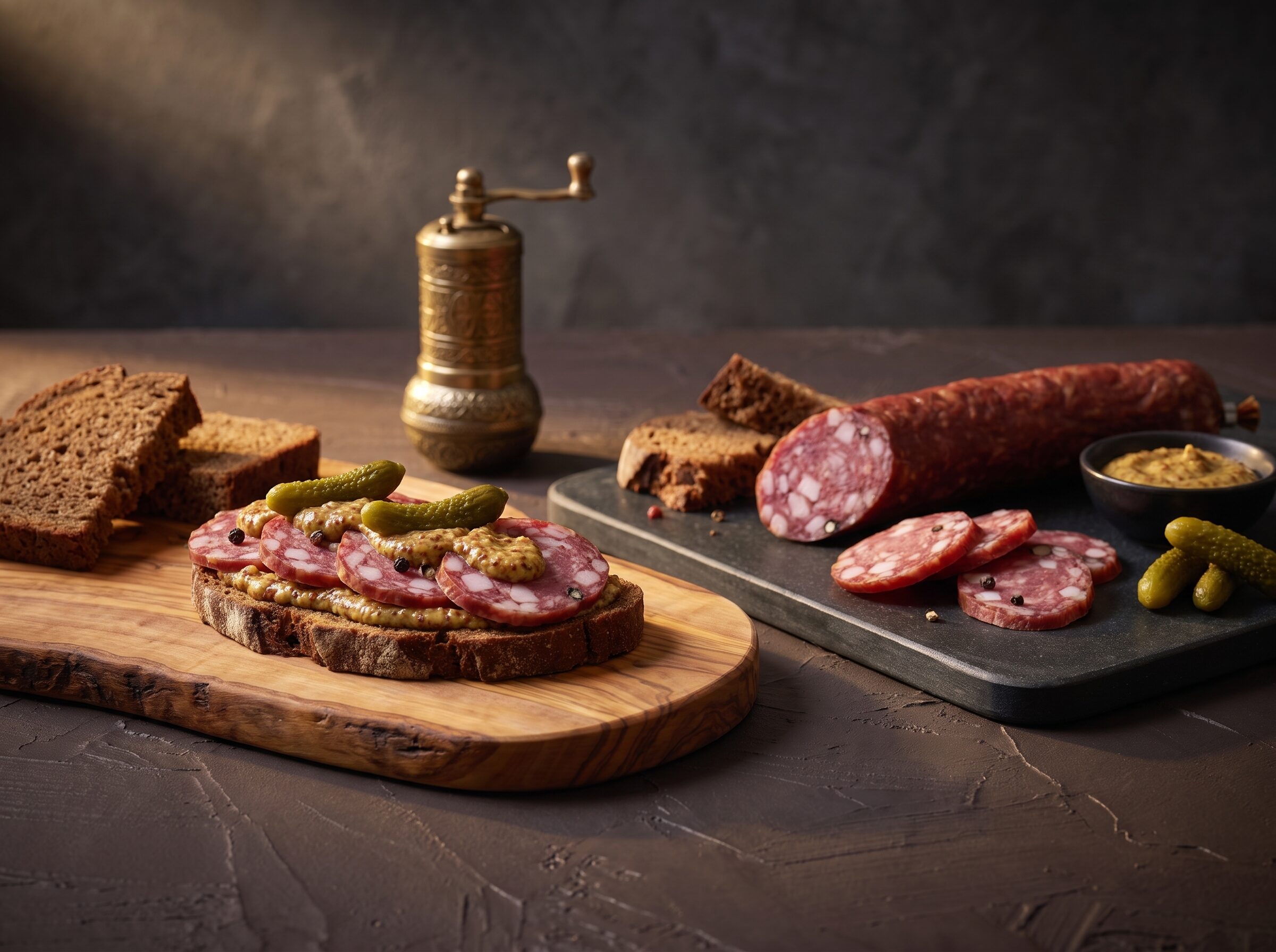 Smørrebrød med tyroler pølse, sennep og agurk